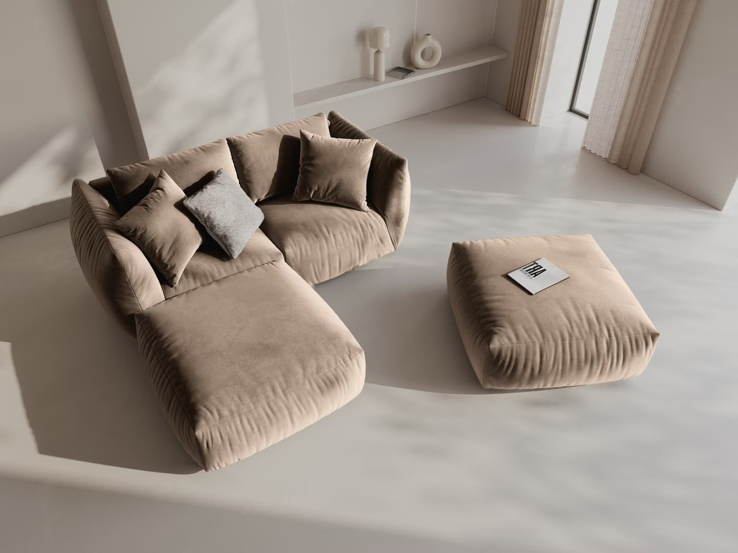 Modulares Samtsofa CHRIS - Eckelement in Hellbraun