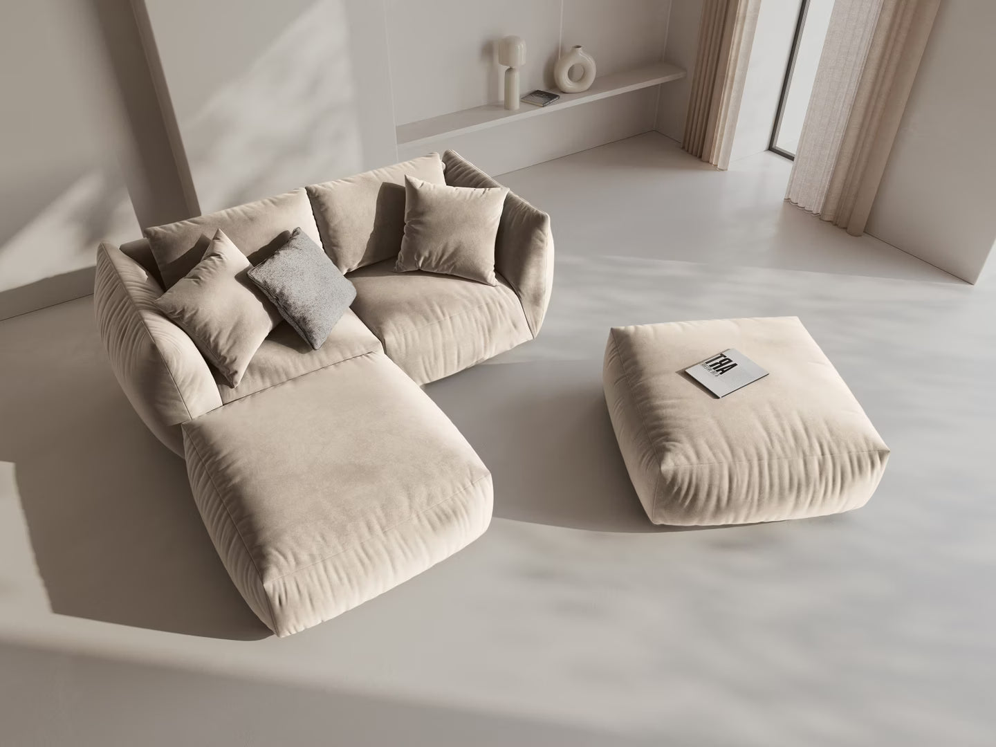 Modulares Samtsofa CHRIS - breites rechte Element ecru