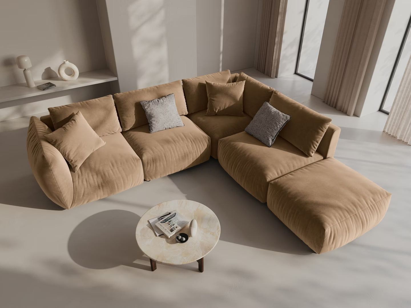 CHRIS Sand Right-Handed Velvet Modular Sofa for 4 People