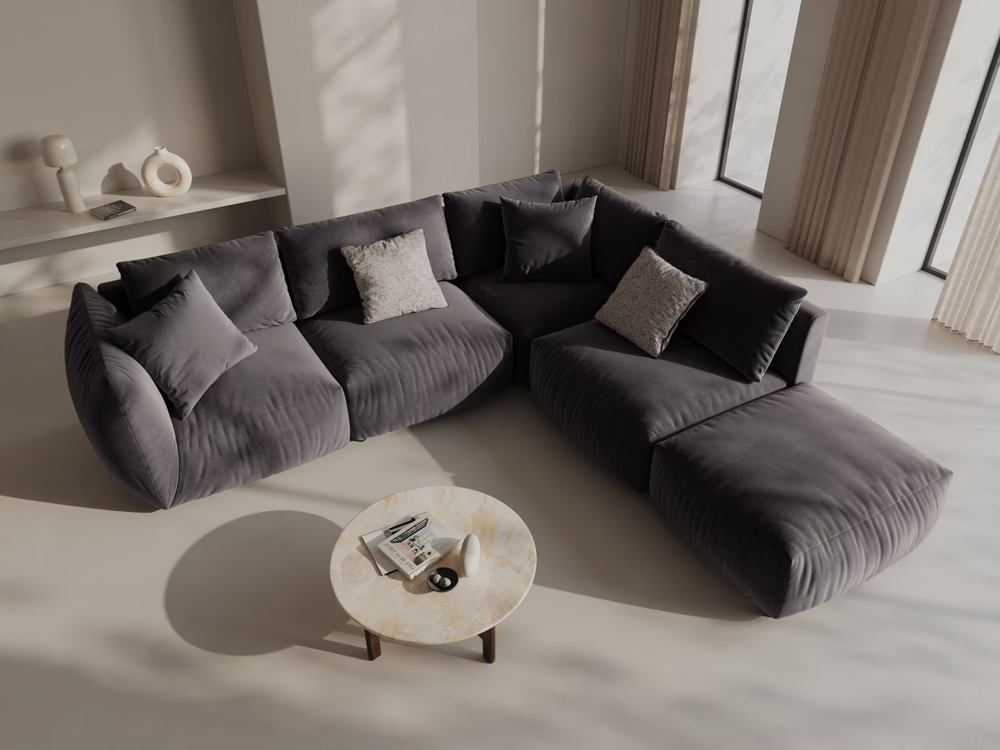 Velvet modular corner sofa for 4 people, left-sided, CHRIS, dark gray