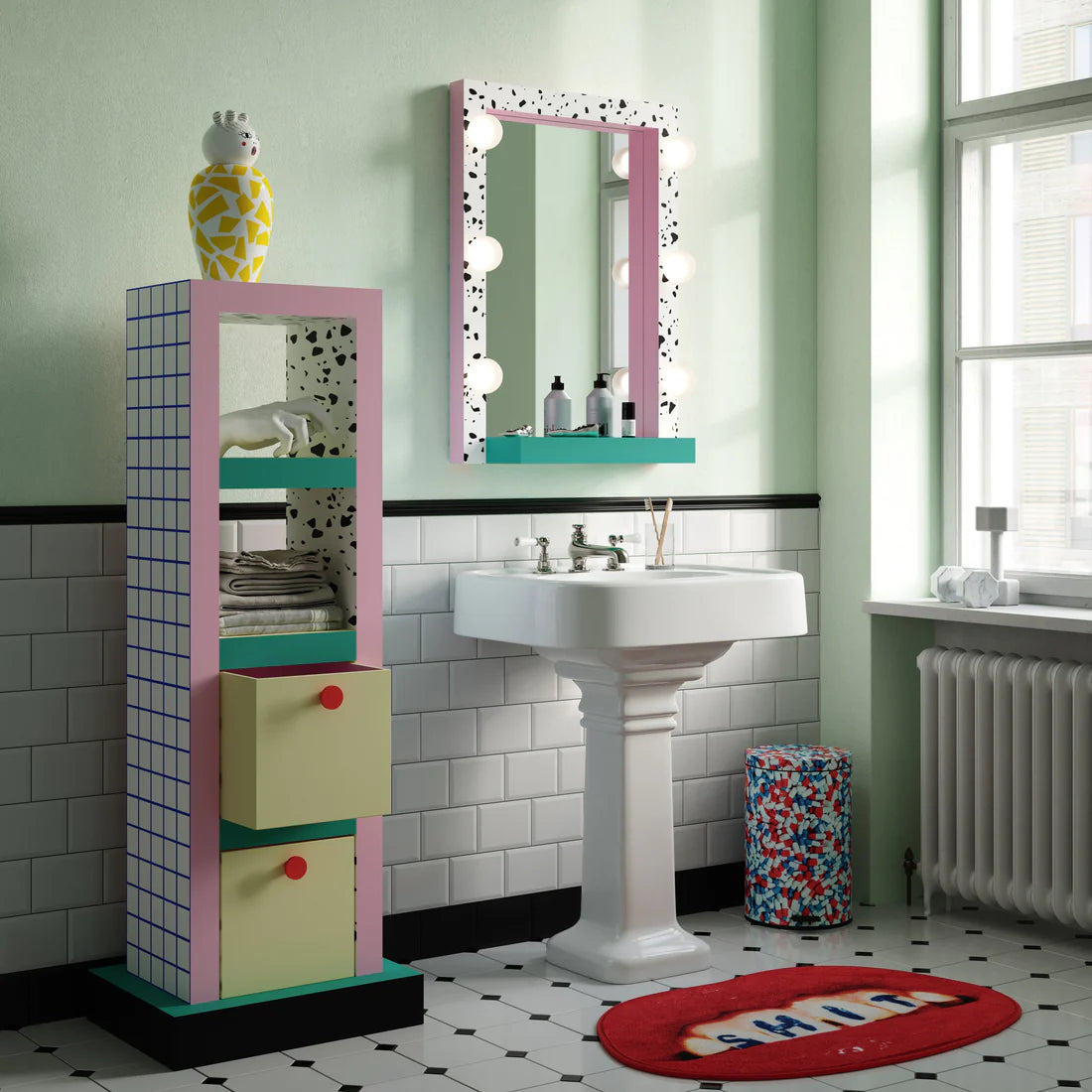 Badezimmerschrank SUPERSHELF BLUE GRID weiß mit Rosa und Gelb