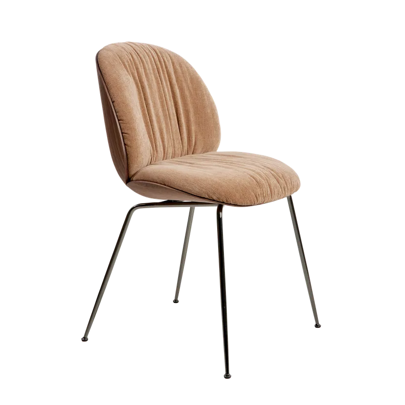 BEETLE SOFT upholstered chair with wooden finish and black chrome base