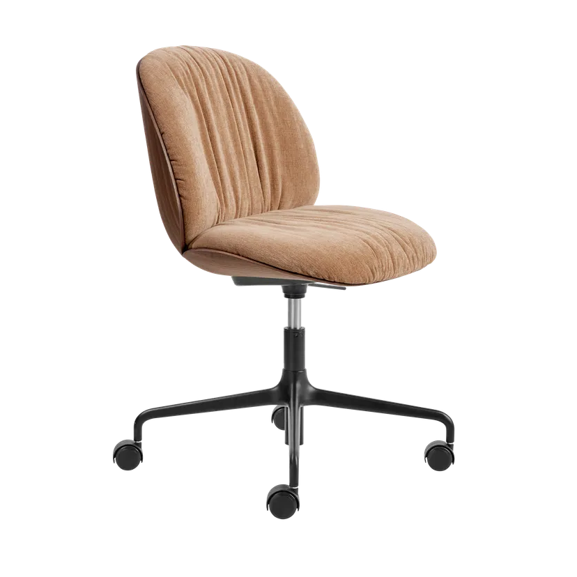 BEETLE SOFT upholstered office chair with walnut wood and black base with wheels