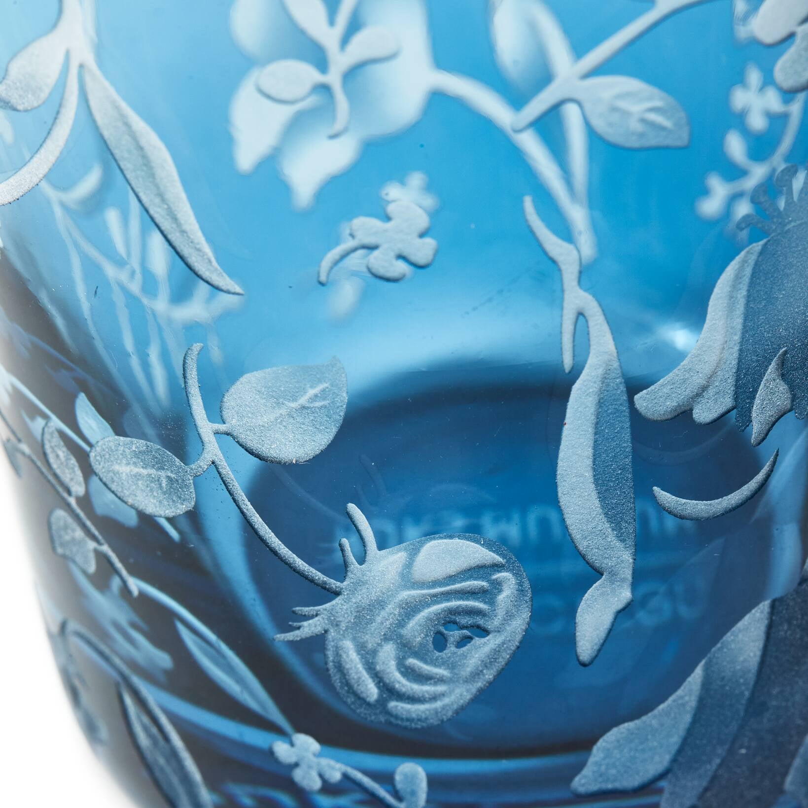 Set of Glasses SCATTERED FLOWERS Blue with Sandblasted Pattern