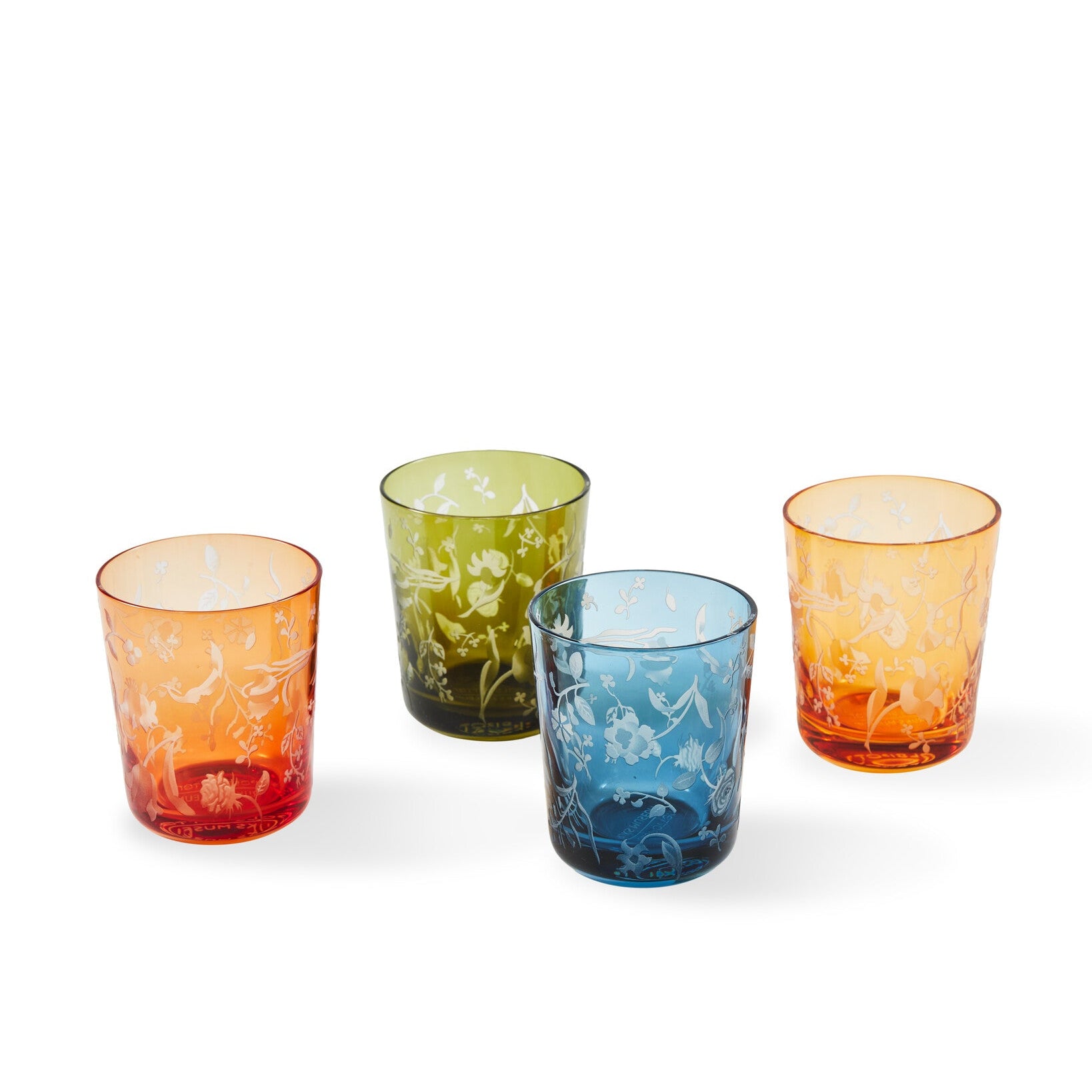SCATTERED FLOWERS Olive Glasses Set with Sandblasted Pattern