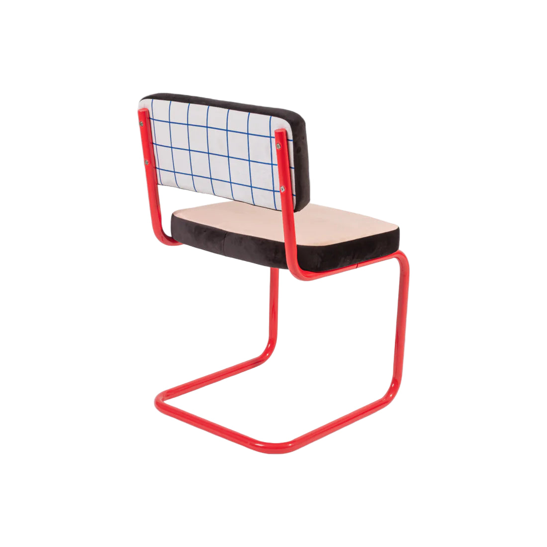 Stuhl SUPERCHAIR BLAUES GITTER lachsfarben mit rotem Fuß