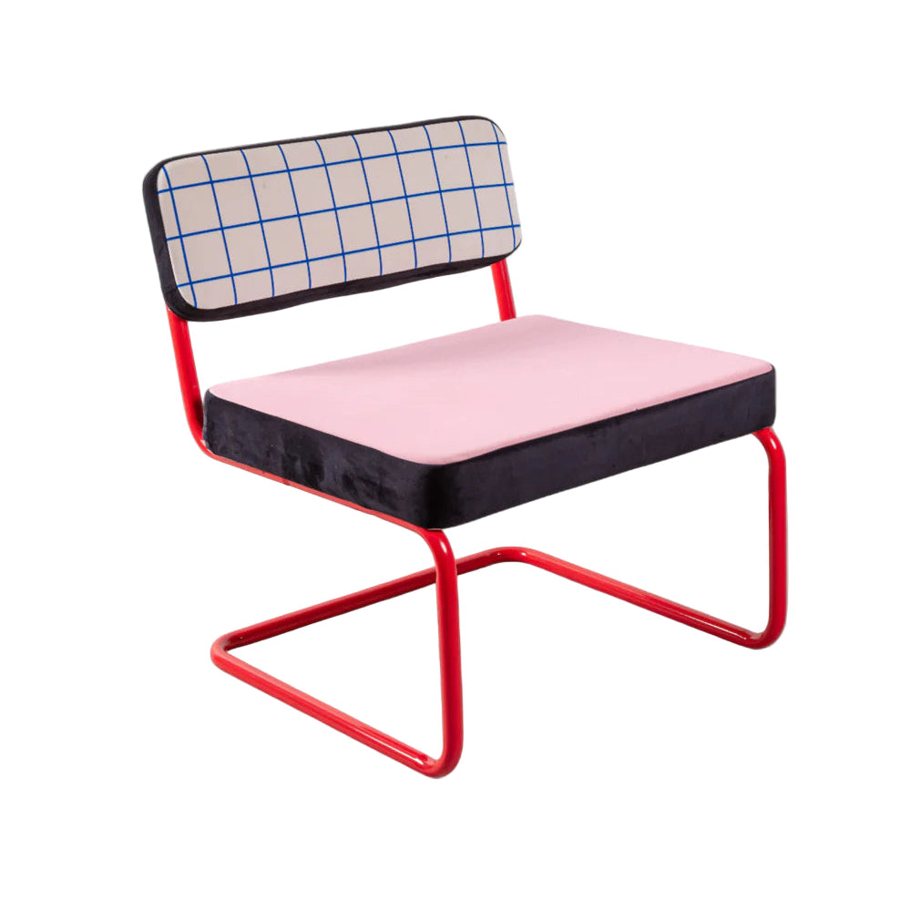 Sessel SUPERLOUNGE STUHL BLAUES GITTER rosa mit rotem Fuß