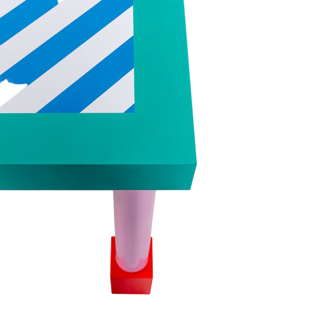 Quadratischer Tisch SUPERSQUARE BLUE STRIPES blau mit rosa Fuß