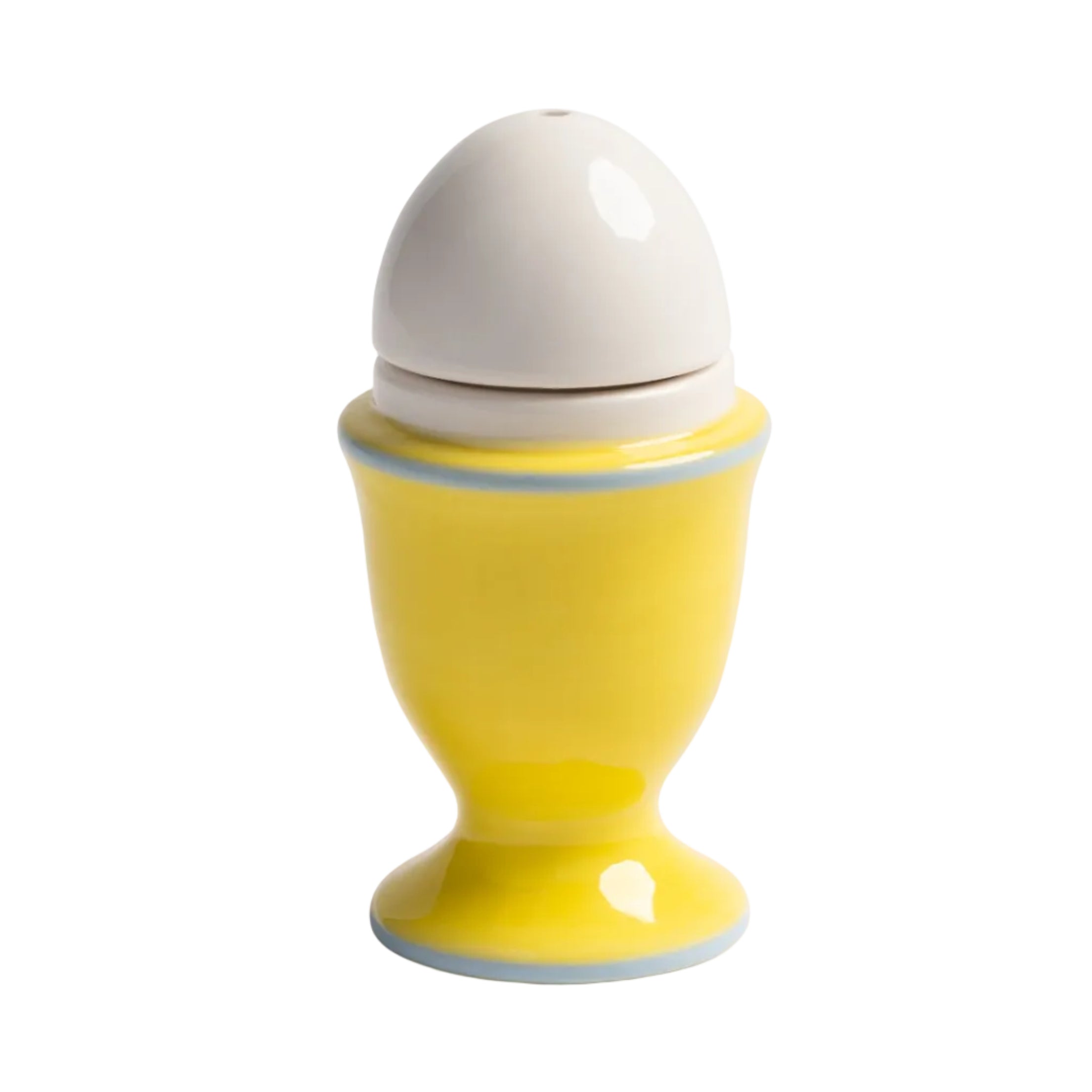 Eierbecher und Pfeffermühle EGG gelb mit blau und weiß
