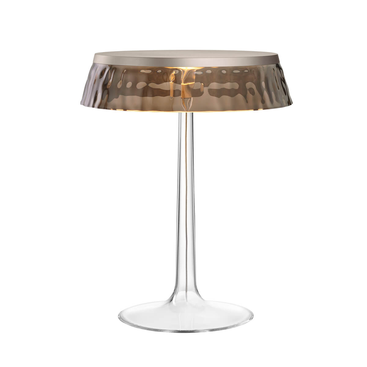 Lampa stołowa BON JOUR matowy chrom z dymionym abażurem – Flos