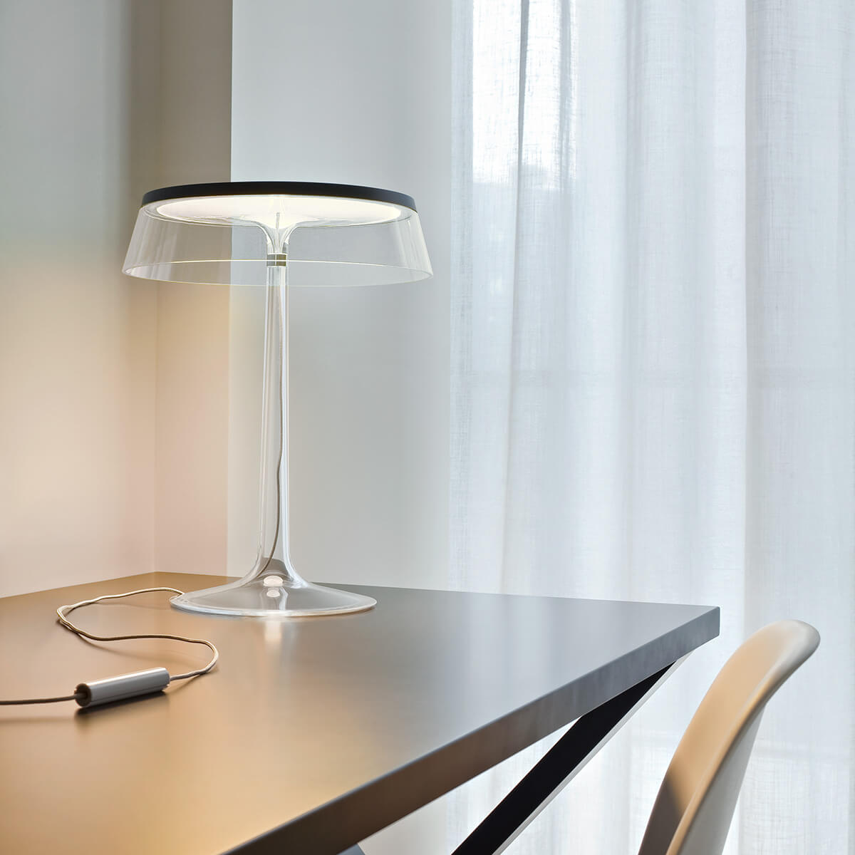 BON JOUR matte chrome table lamp with transparent shade