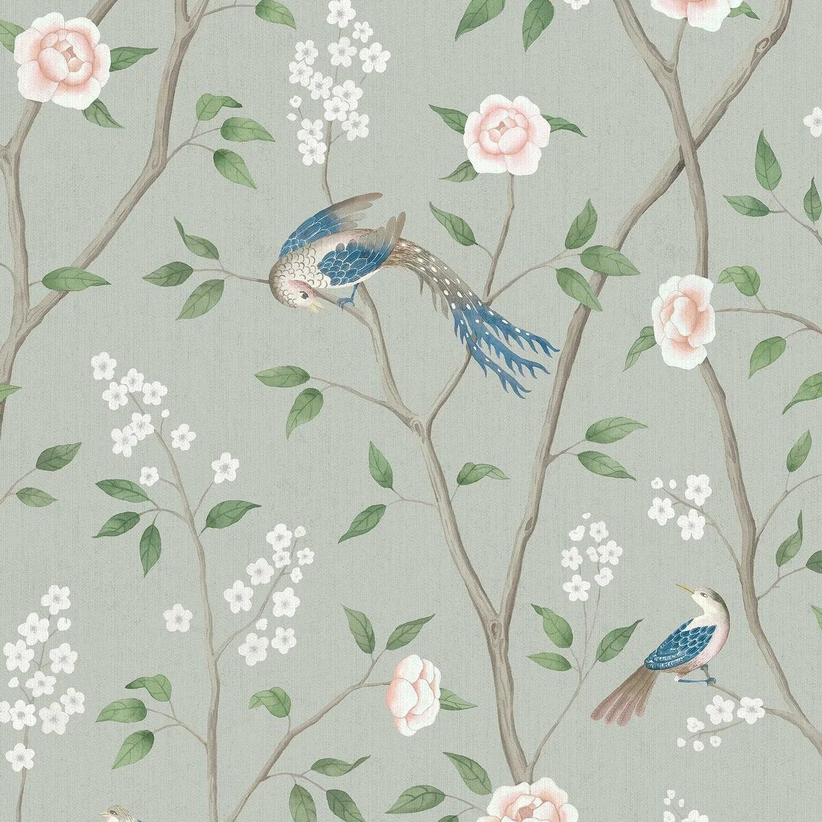 Non-woven paper wallpaper with a botanical pattern PARADISE BIRDS green and white
