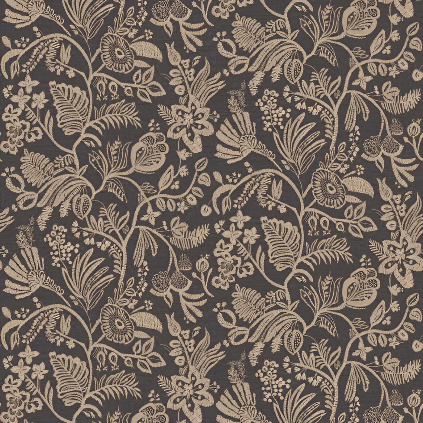 Structural wallpaper imitating embroidery with a floral and leaf pattern PASTEL dark brown