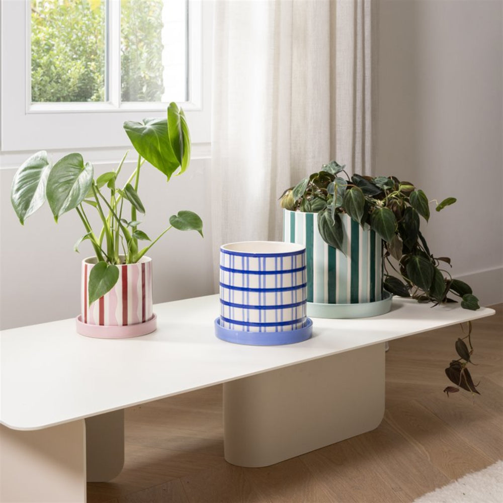 CLASH GRID pot in blue with white
