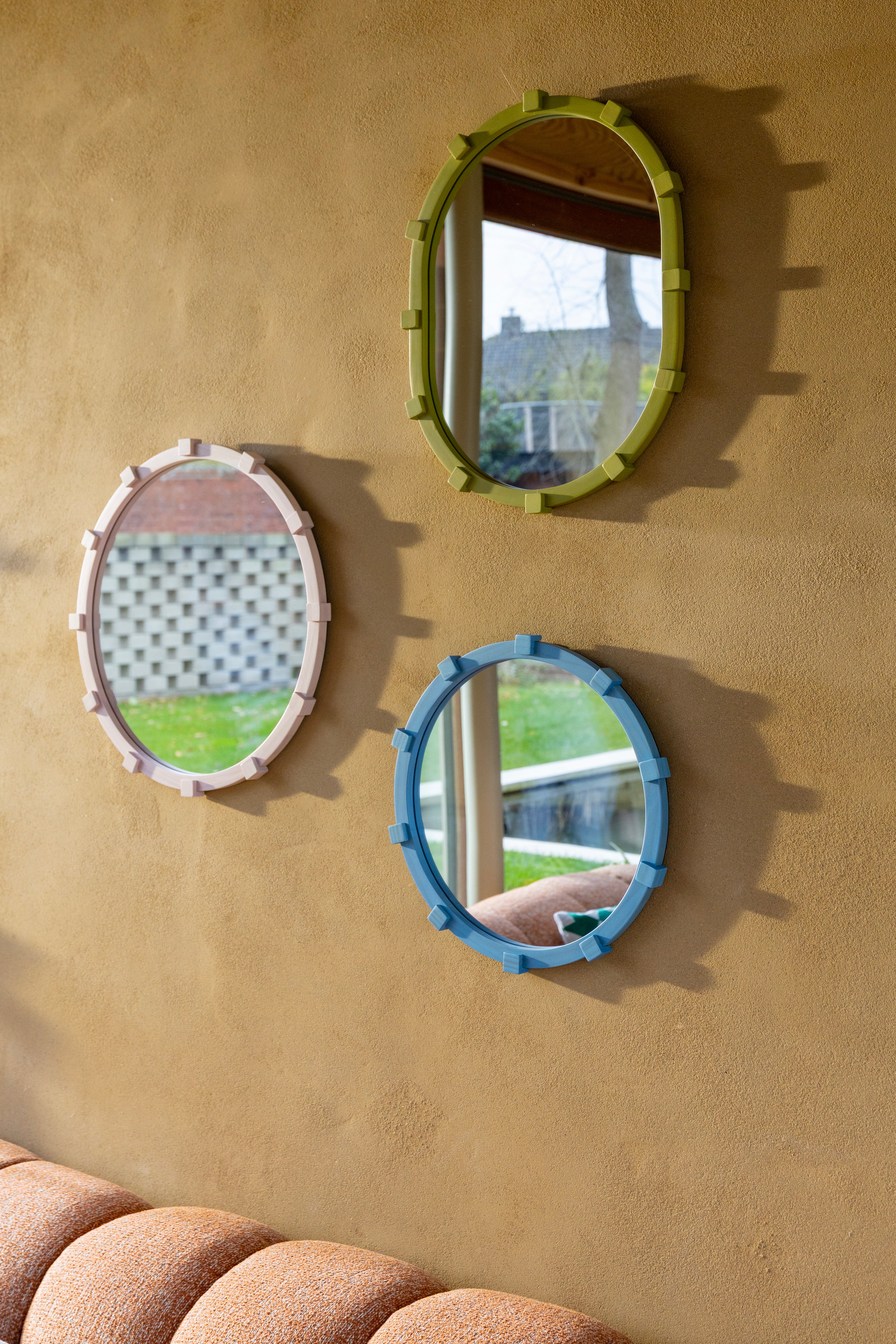 Round Mirror CHUNK Blue Wood
