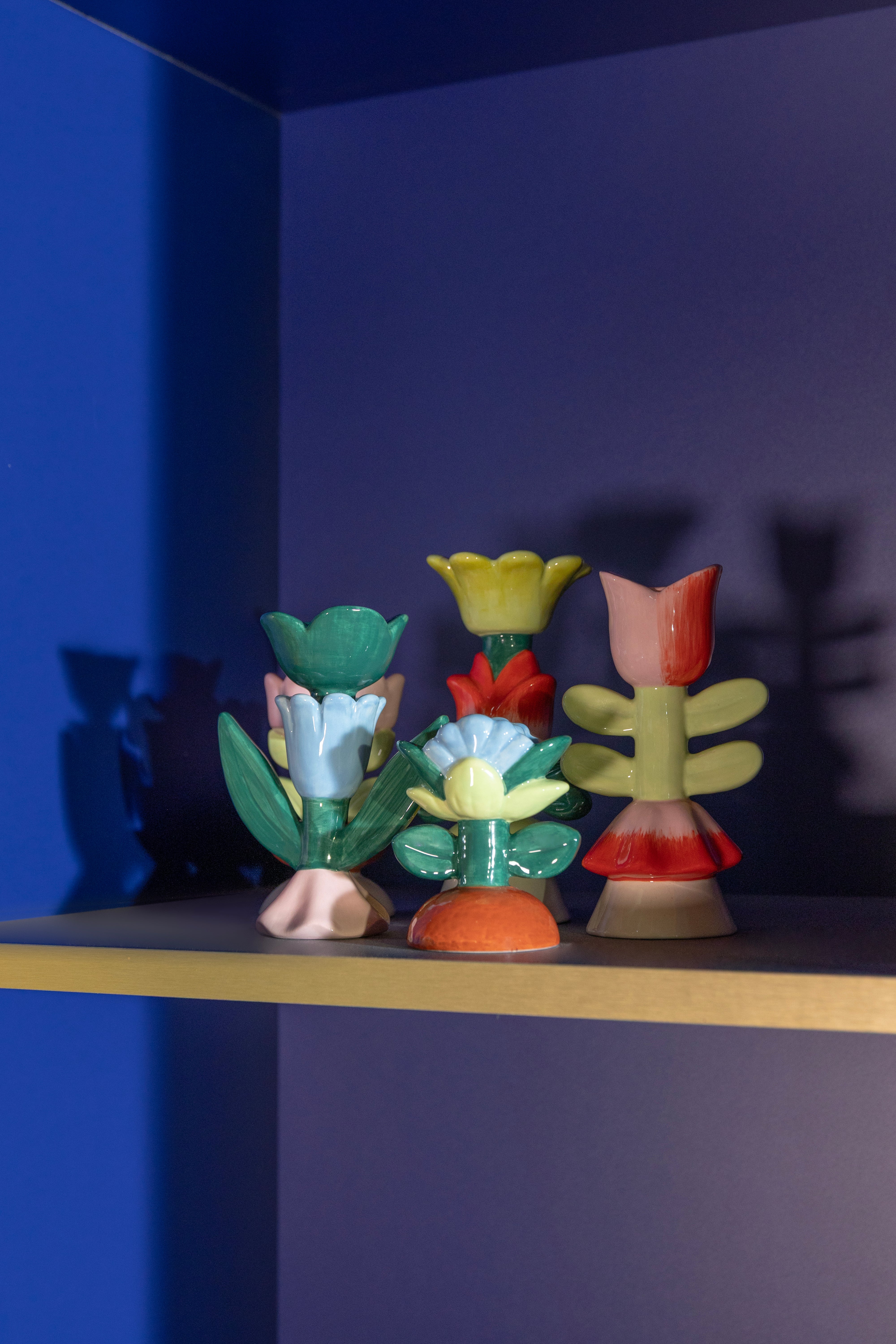 BLUME Candle Holder in Green with Blue and Pink