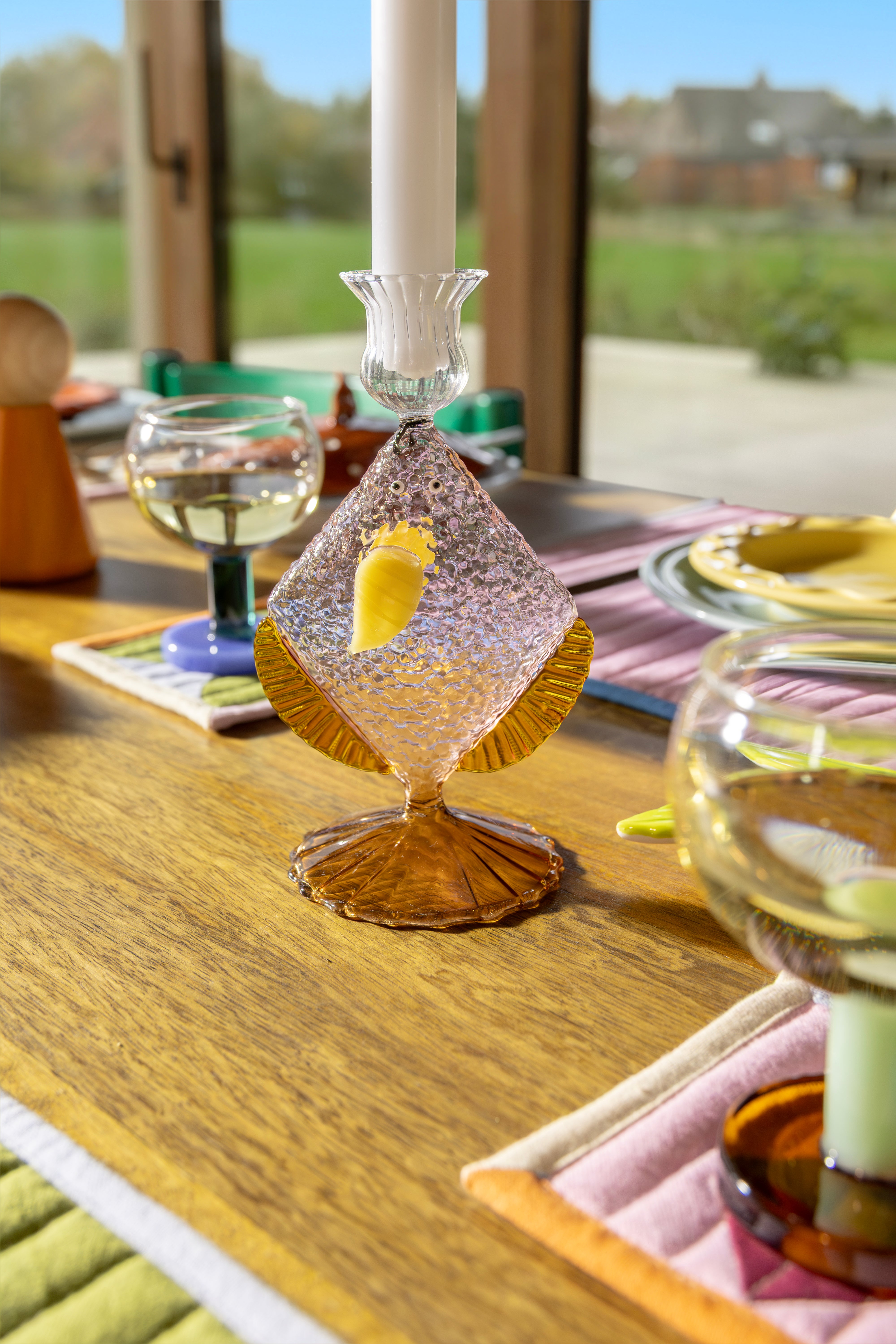 Pink Glass Candle Holder FISH with Amber