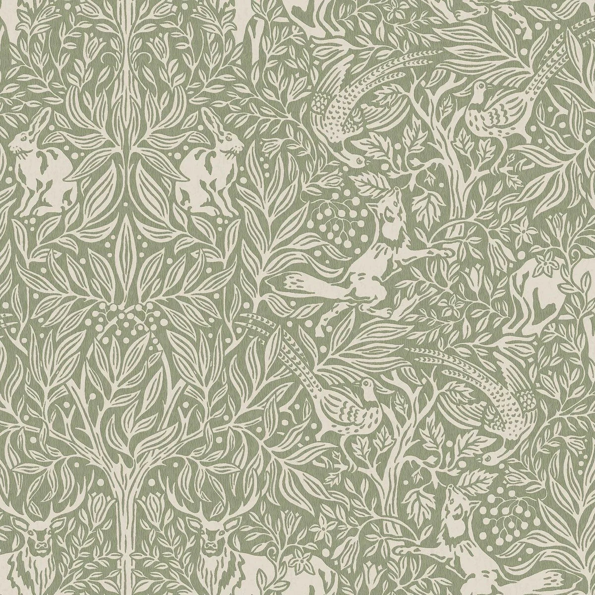 Tapete mit pflanzlichem Muster und Waldmotiv UNTER DEM HOLUNDERBAUM grün mit weiß