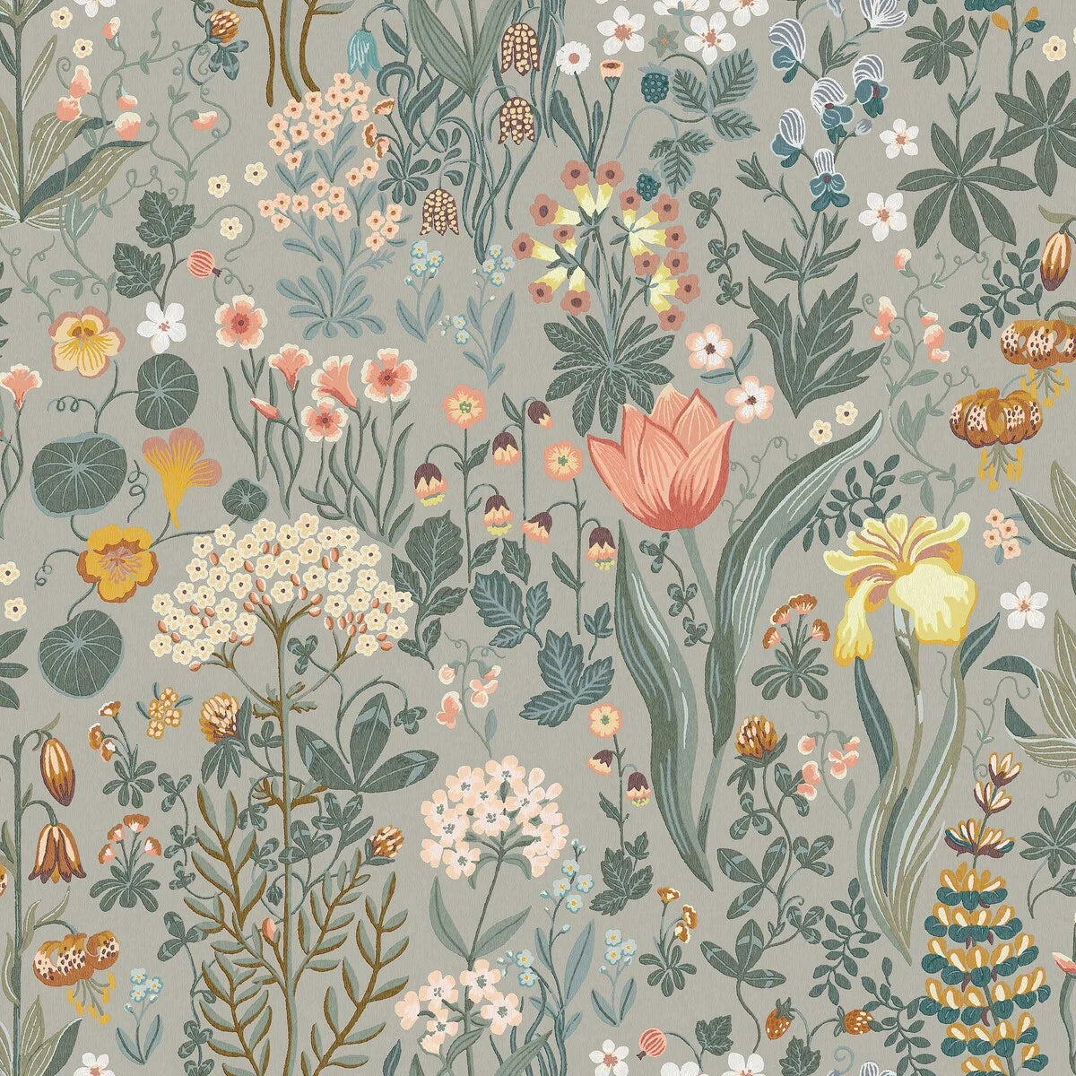 Tapete mit floralem Blumenmuster BLOMSTERHAV grau mit grün