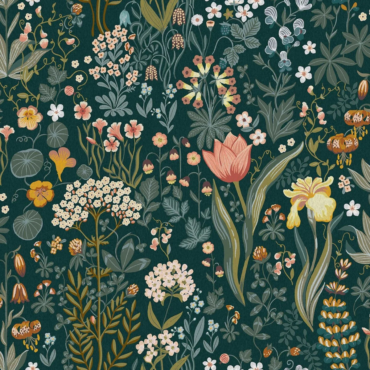 Tapete mit floralem Blumenmuster BLOMSTERHAV in Marineblau mit Grün