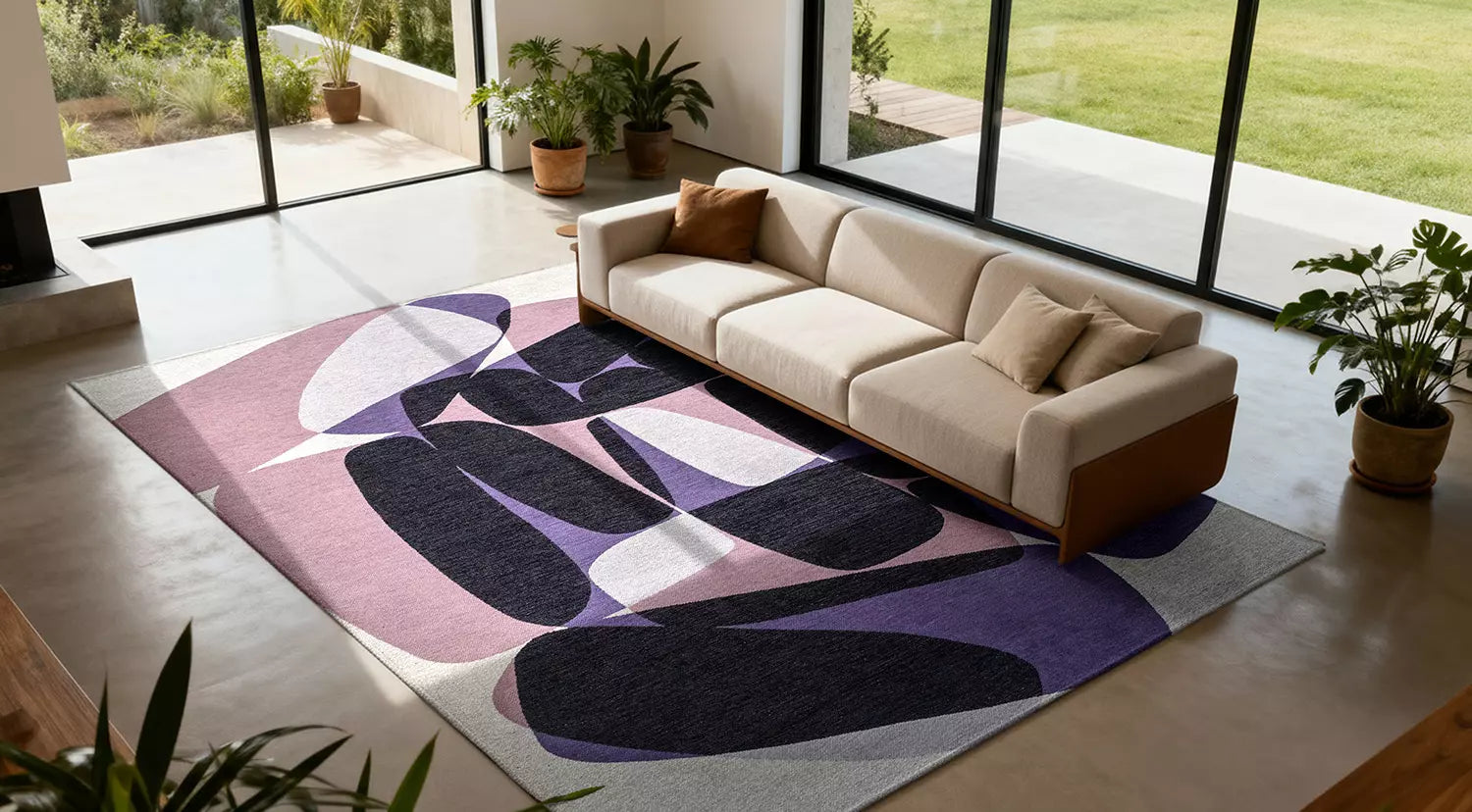 Teppich STONES lila mit Schwarz und Weiß