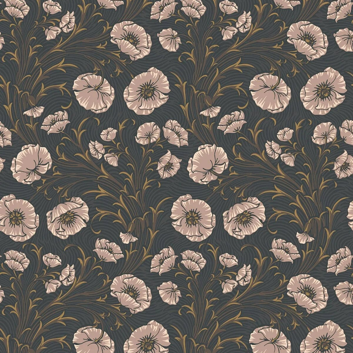 Tapete mit Pflanzenmotiv Blumen POPPY FLOW dunkelgrün mit beige