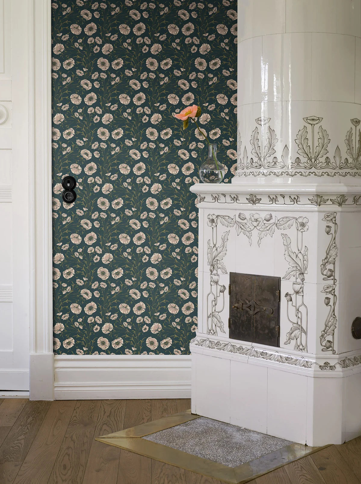 Tapete mit Pflanzenmotiv Blumen POPPY FLOW dunkelgrün mit beige