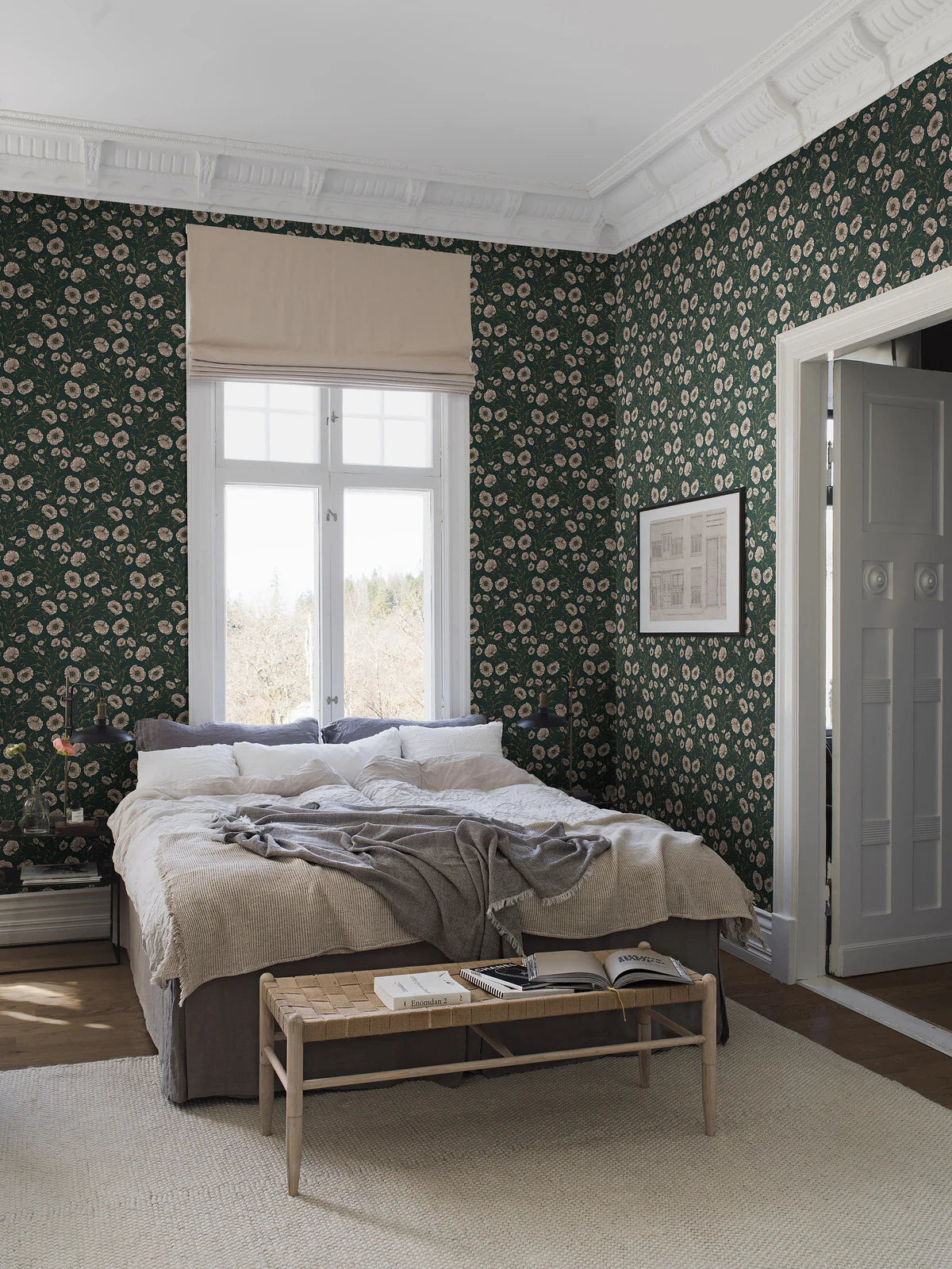 Tapete mit Pflanzenmotiv Blumen POPPY FLOW dunkelgrün mit beige