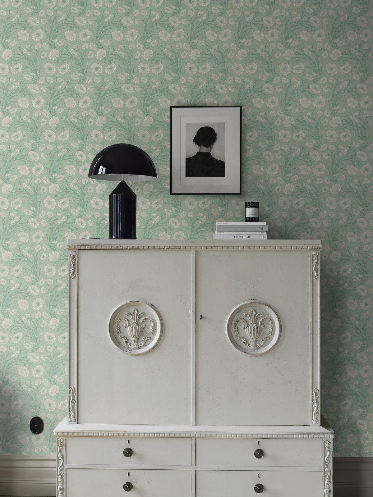 Tapete mit Pflanzenmotiv Blumen POPPY FLOW grün mit beige