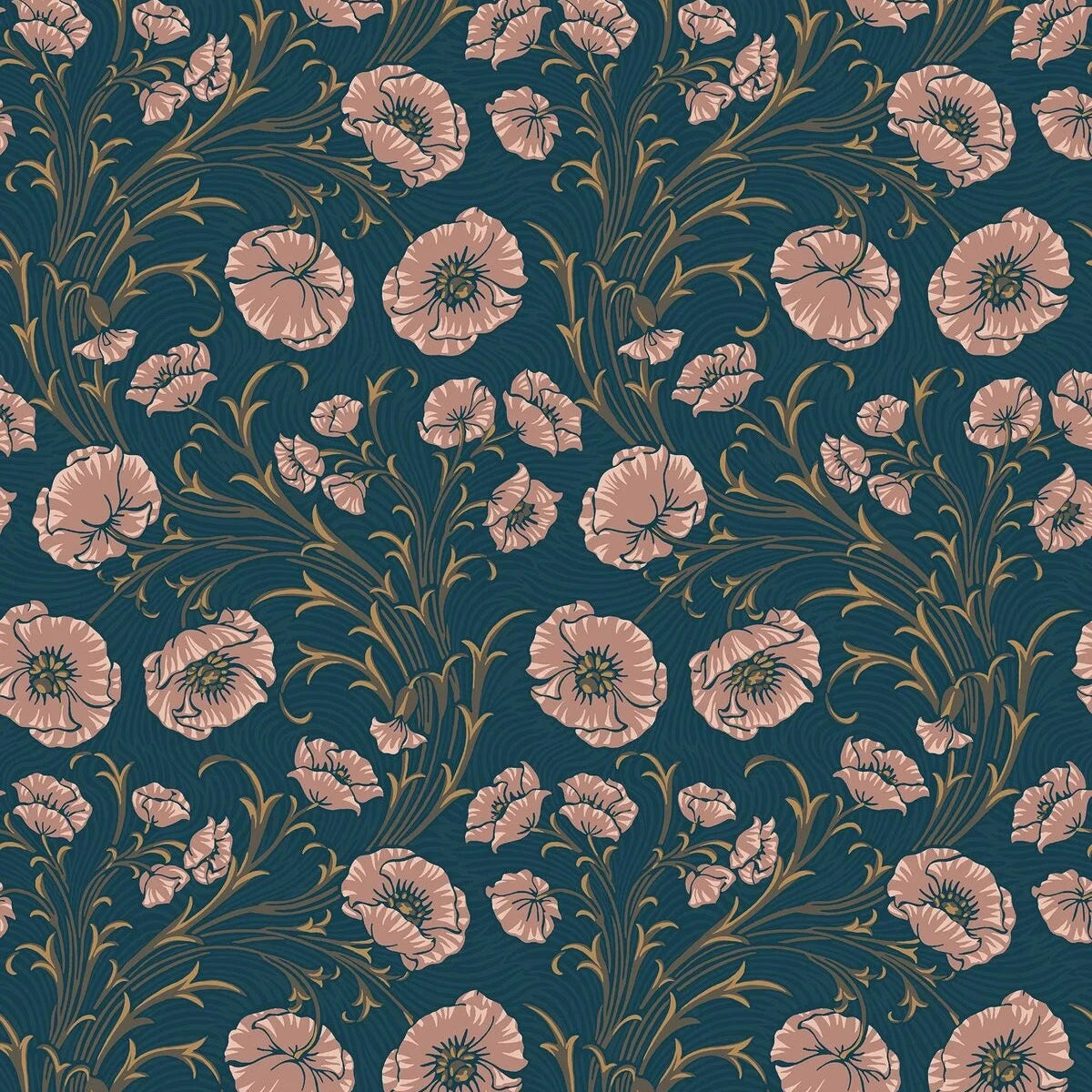 Navy Blue Poppy Flower Botanical Wallpaper with Pink