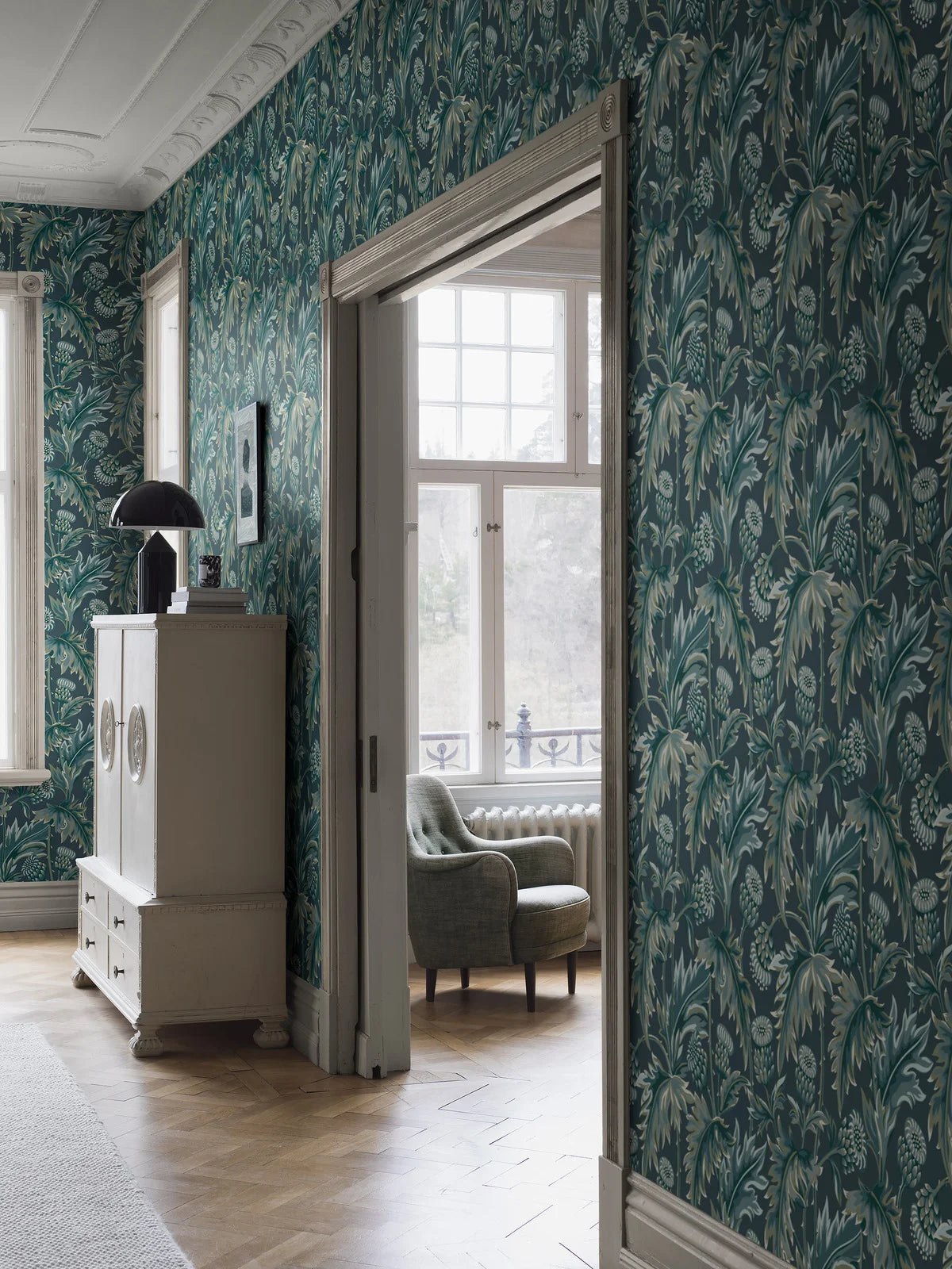 Treasured Thistle Blue and Green Floral Wallpaper