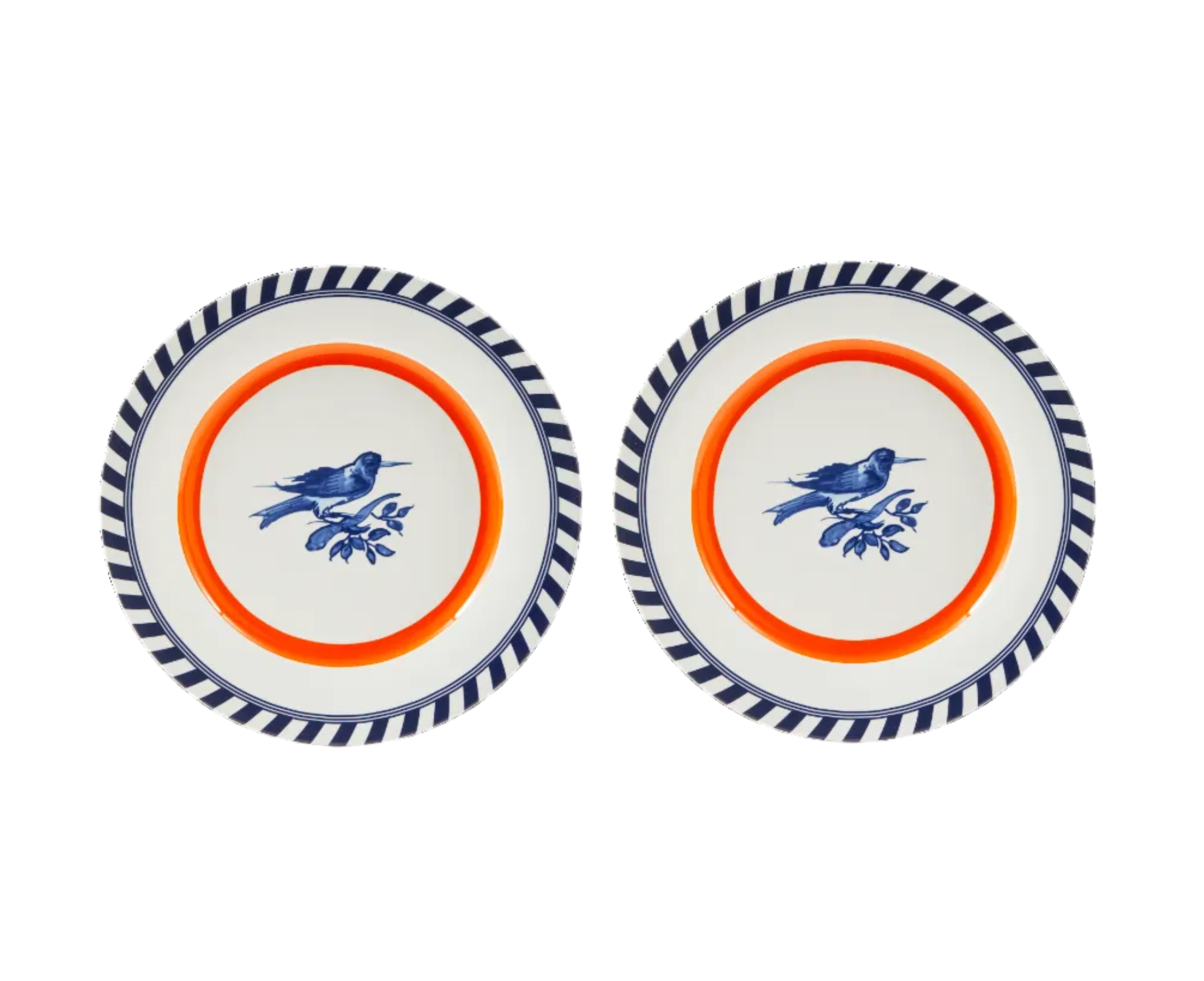 Bird Patterned Plate Set White with Orange and Blue