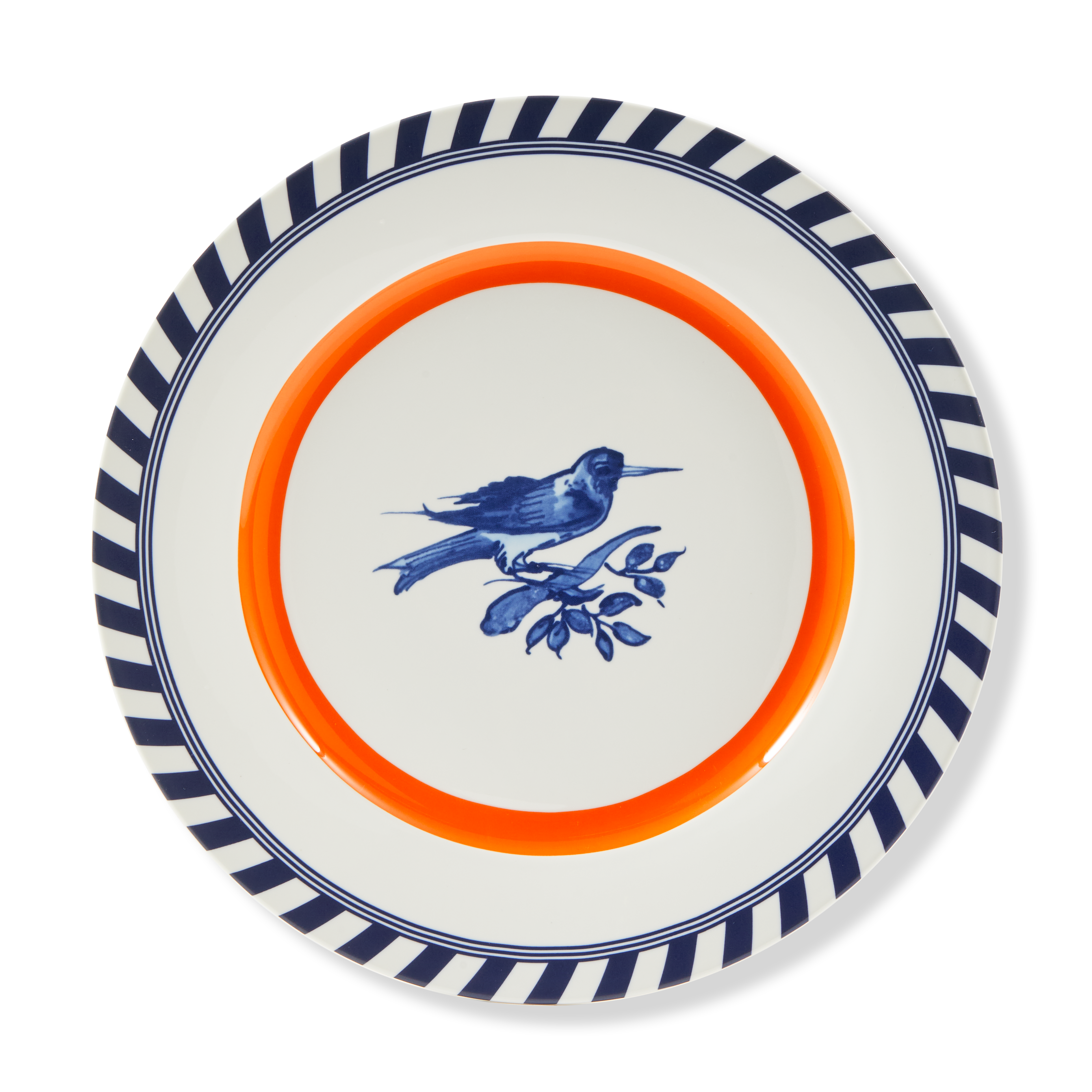 Bird Patterned Plate Set White with Orange and Blue