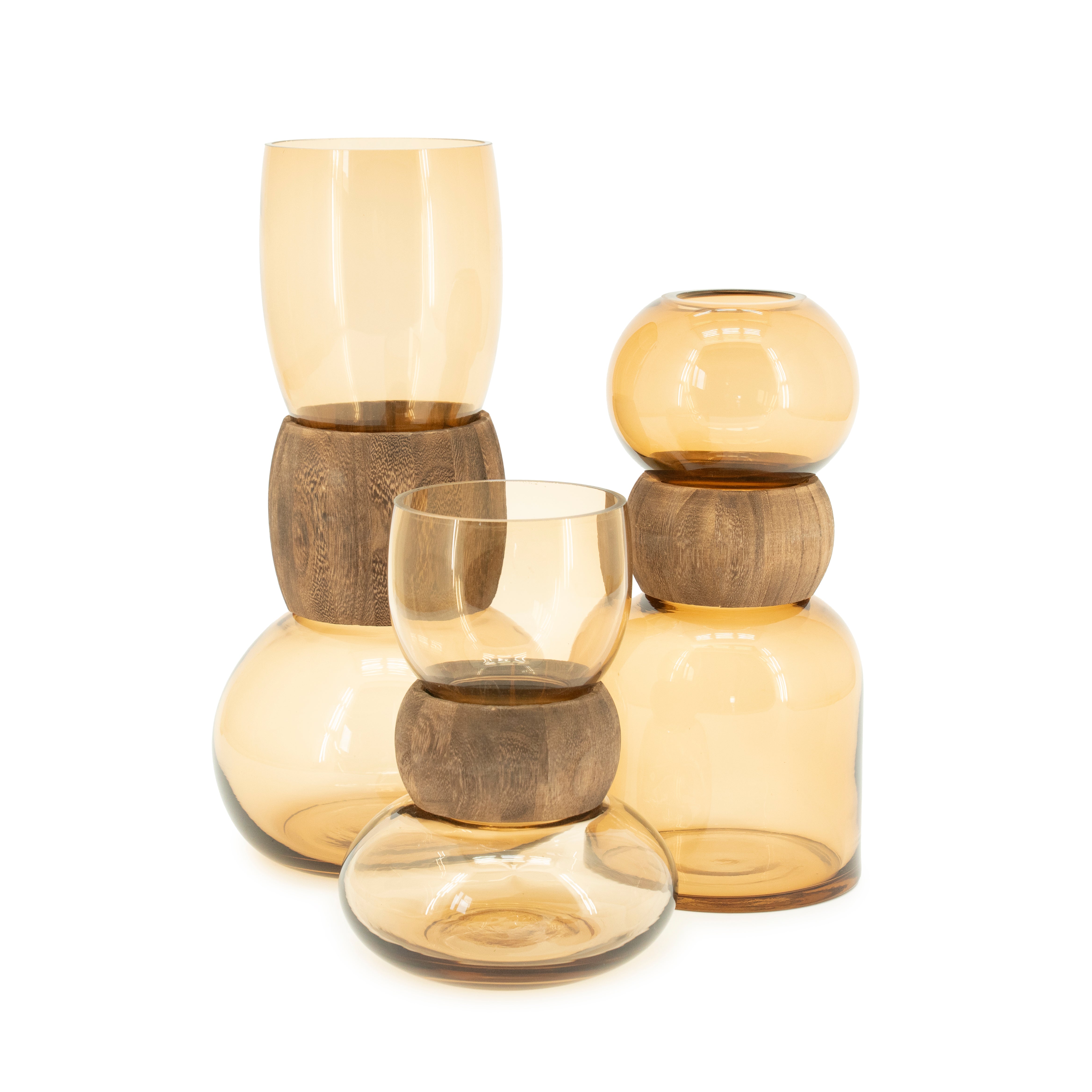 Vase VERRA beige Glas mit Holz
