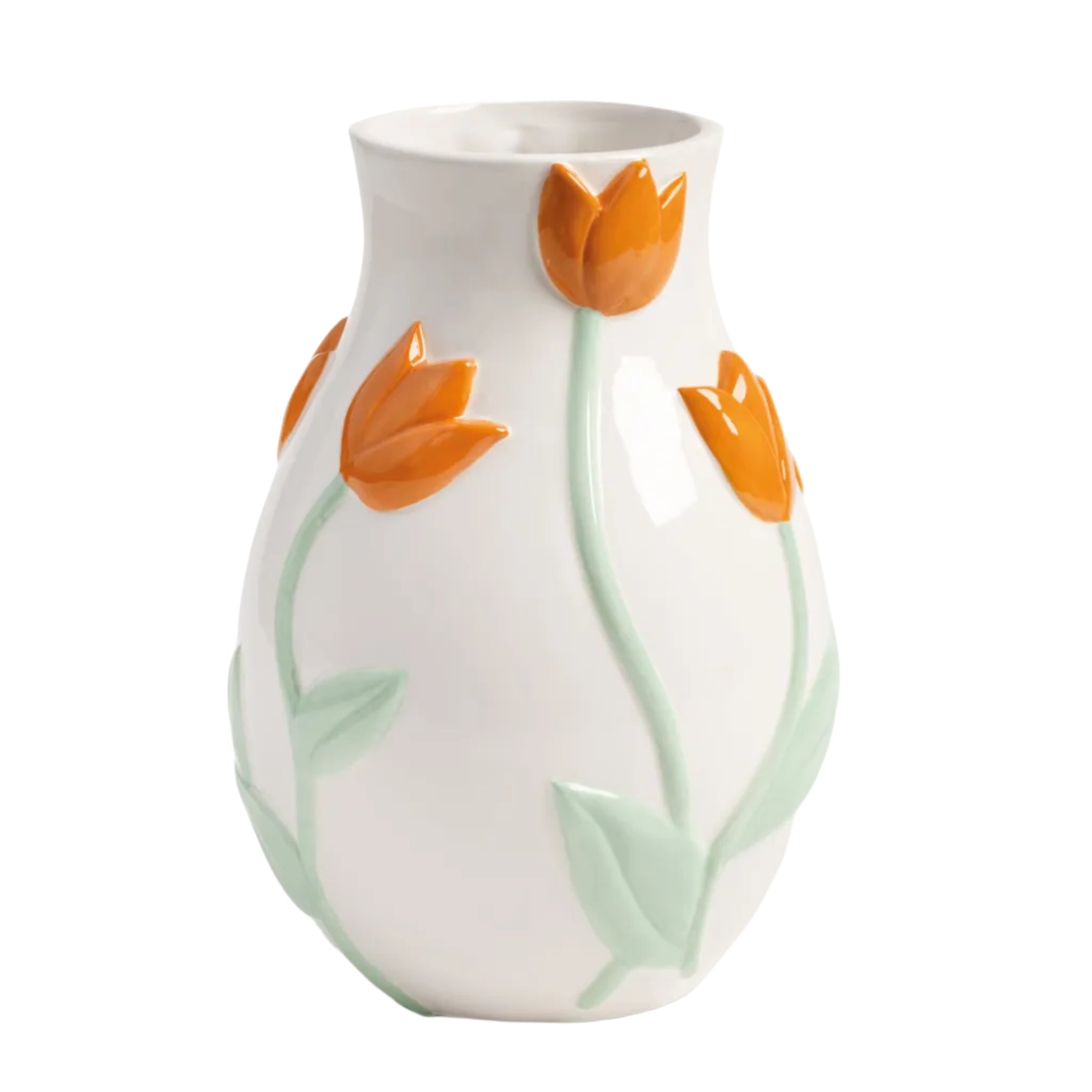 Tulip Vase white with green and orange