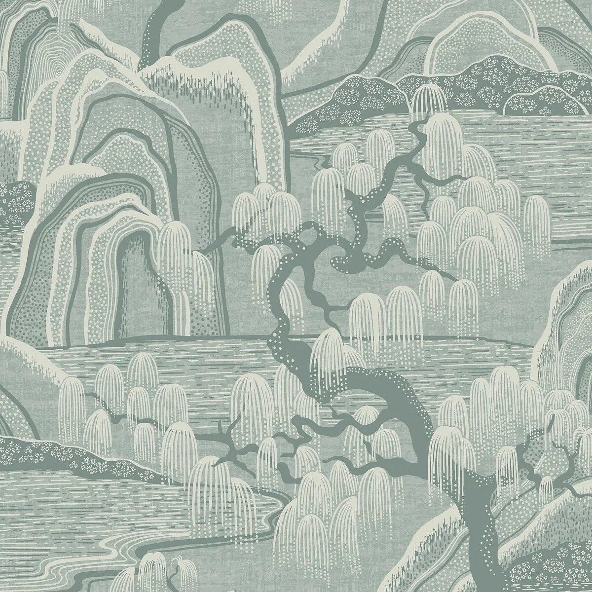 Non-woven paper wallpaper with landscape INDIGO GARDEN light green