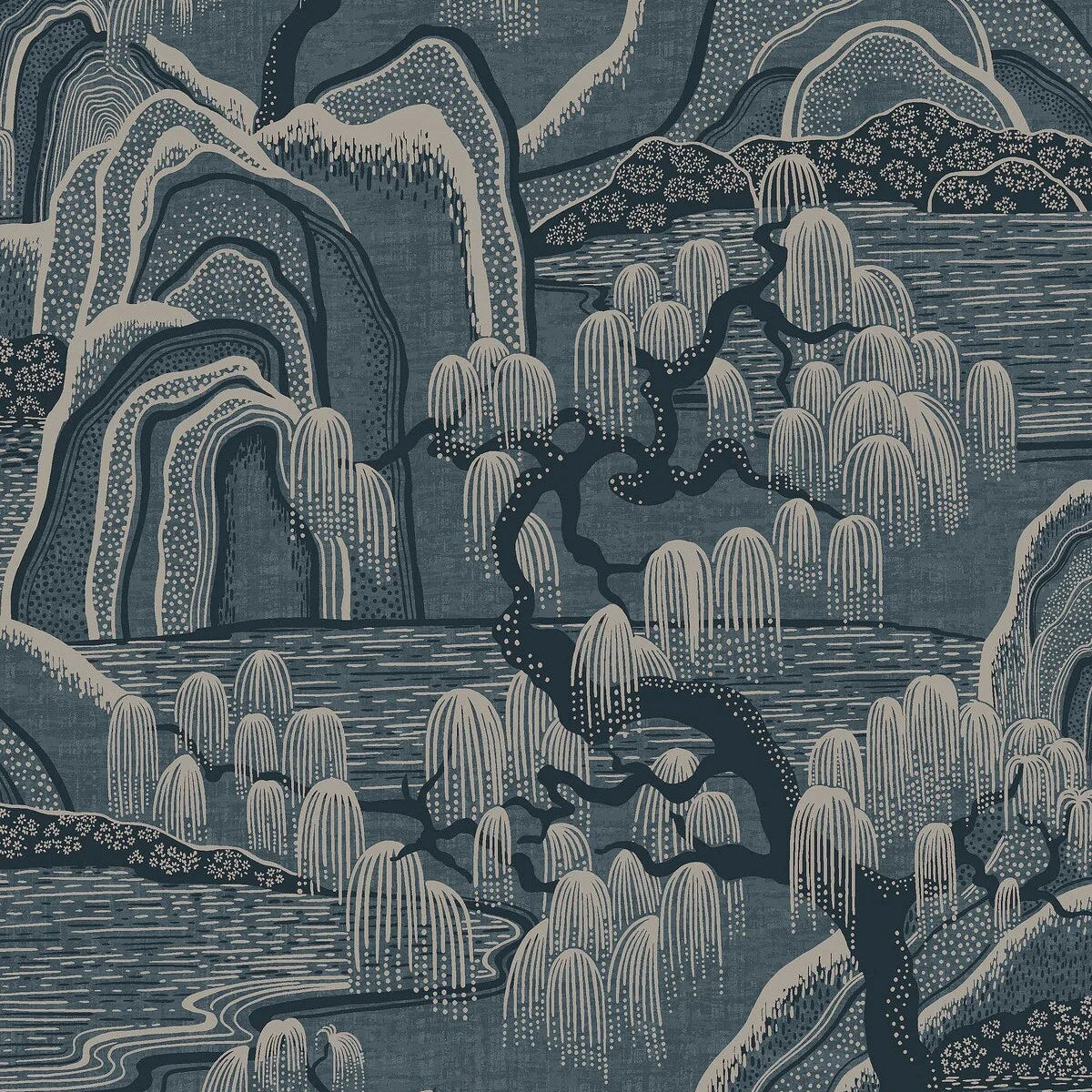 Non-woven paper wallpaper with landscape INDIGO GARDEN navy blue with beige
