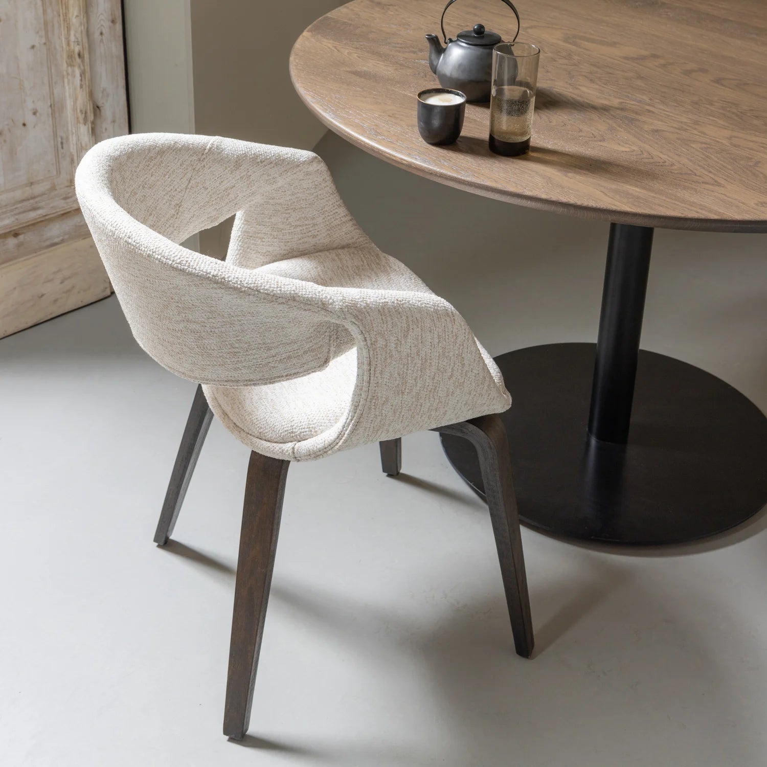 YOSSI Cream Armchair with Dark Brown Wooden Base