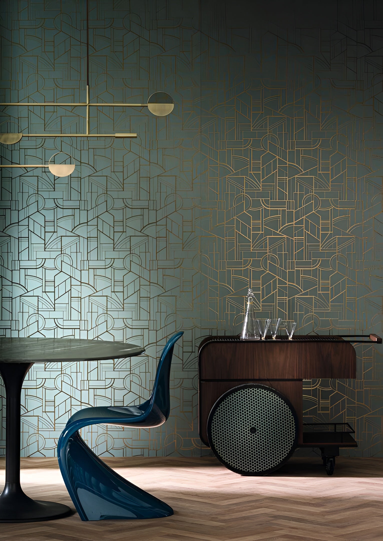 Metallic textile wallpaper with an Art Deco geometric pattern REIMS - TAUPE taupe with beige