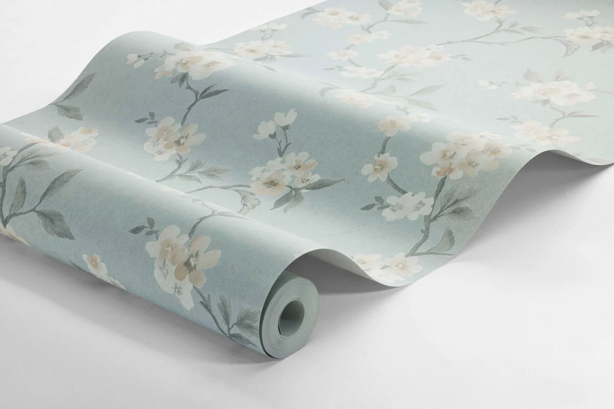 Vlies-Tapete mit pflanzlichem Muster MARIE blau mit cremefarben
