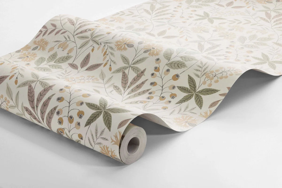 Non-woven paper wallpaper with a plant pattern VILMA light beige with green and yellow