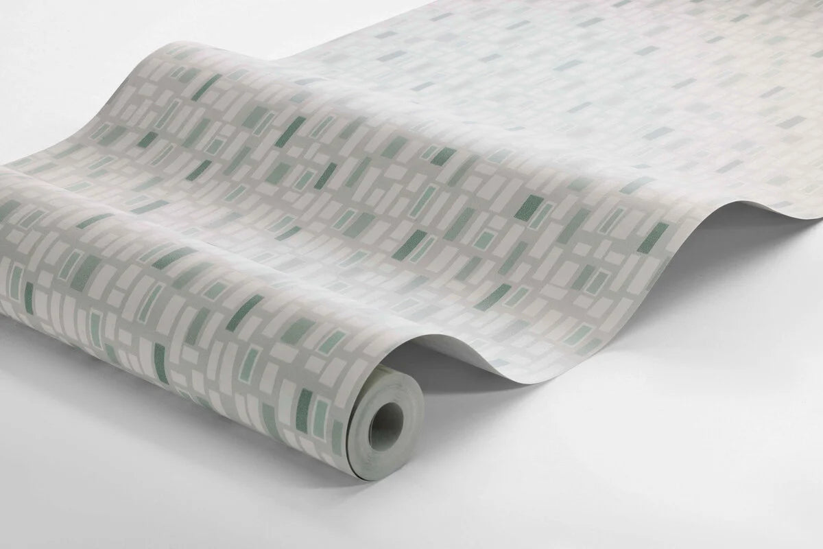 Paper non-woven wallpaper with a green and white geometric pattern ELVIS