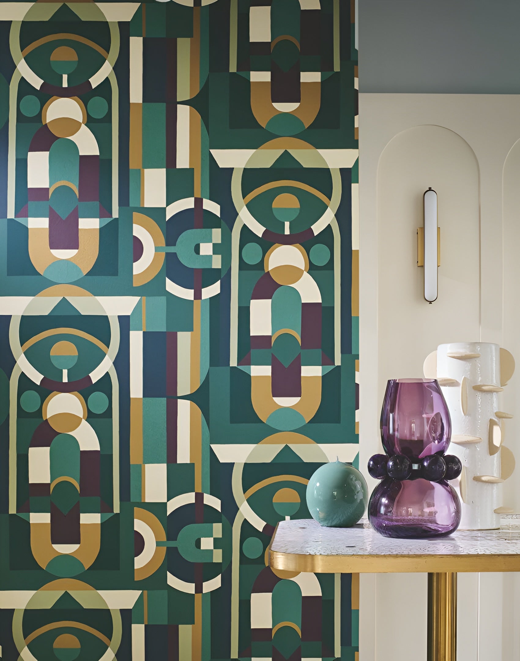 Stained Glass Geometric Pattern Wallpaper VITRAIL - ÉMERAUDE/VIOLET Emerald with Purple