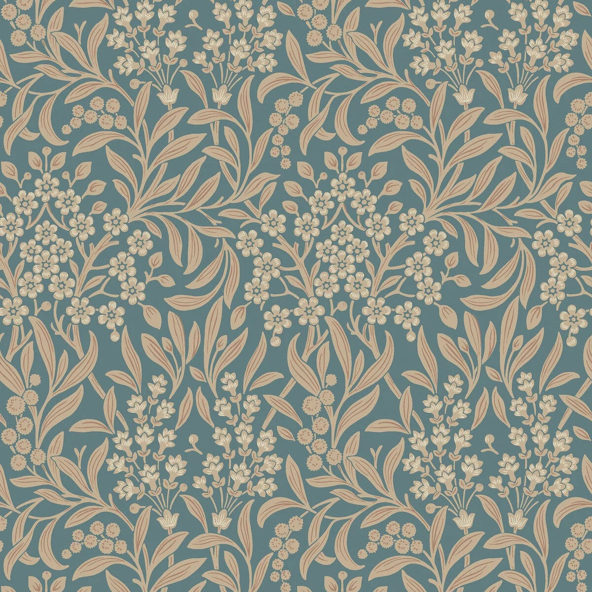 Vlies-Tapete mit pflanzlichem Muster KRYDDHYLLAN blau mit beige
