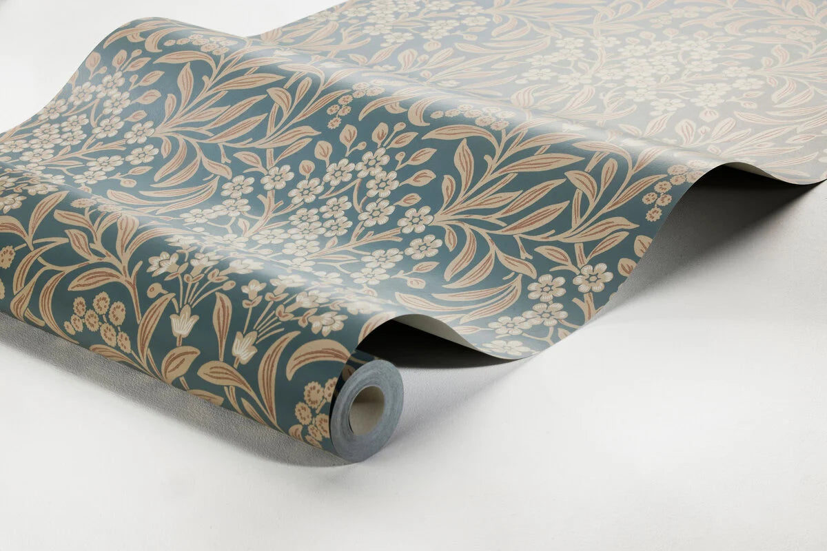 Vlies-Tapete mit pflanzlichem Muster KRYDDHYLLAN blau mit beige