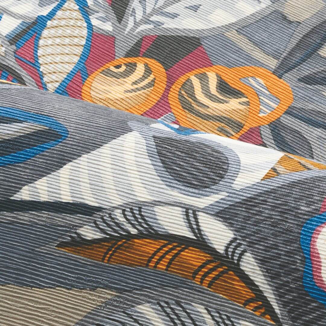 Structural wallpaper with a plant motif of leaves and flowers TEHUANA - MARINE/OCHRE blue with yellow