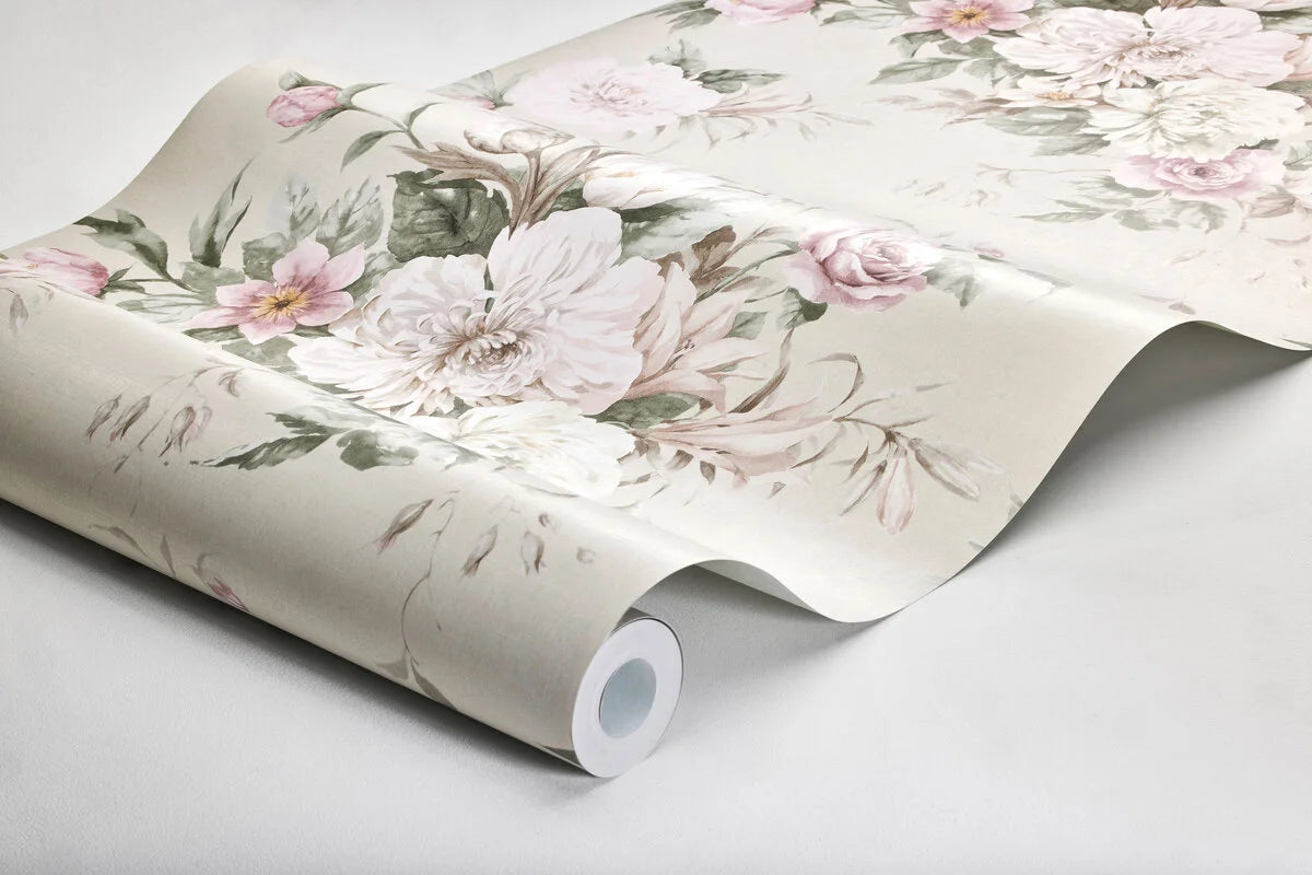 Non-woven paper wallpaper with a floral pattern FLORAL CHARM beige with pink