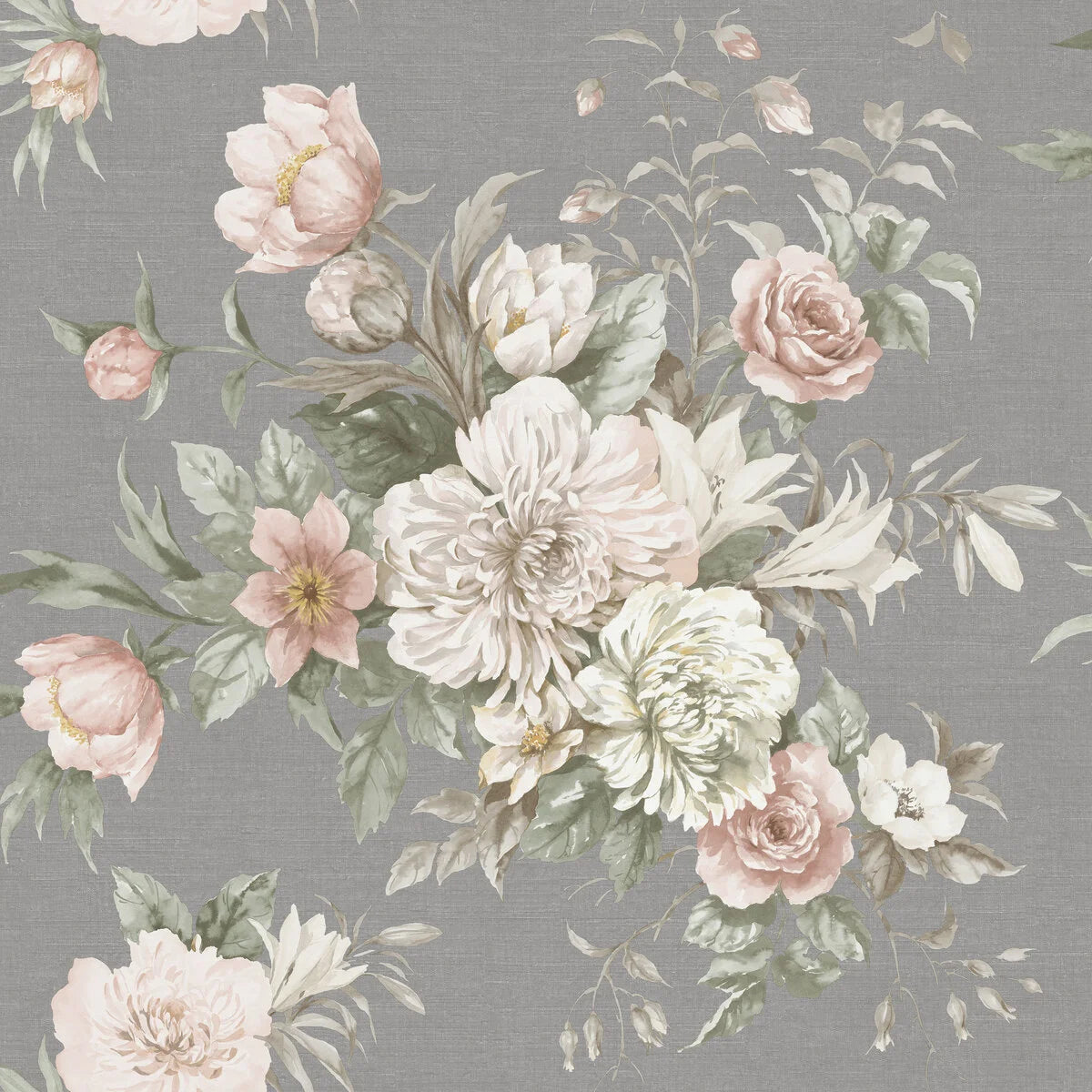 Non-woven paper wallpaper with a floral pattern FLORAL CHARM gray with white and pink