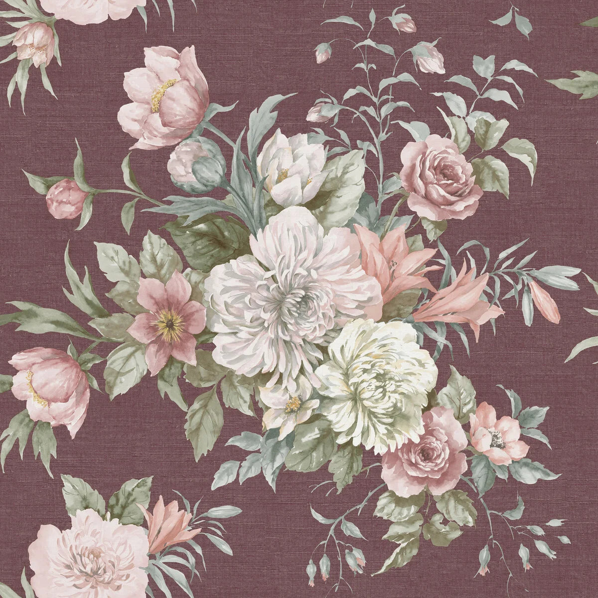 Vlies-Tapete mit pflanzlichem Muster FLORAL CHARM burgunderrot mit Weiß