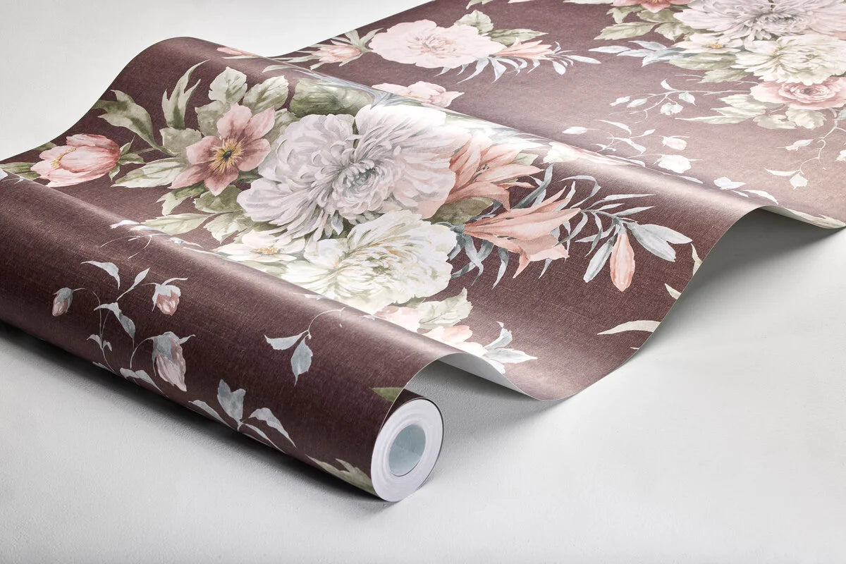 Vlies-Tapete mit pflanzlichem Muster FLORAL CHARM burgunderrot mit Weiß
